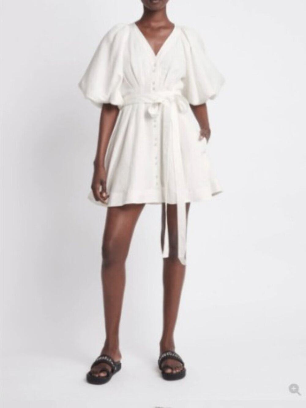 Aje Evermore Belted Puff Sleeve Mini Linen Dress in Ivory Sz 6